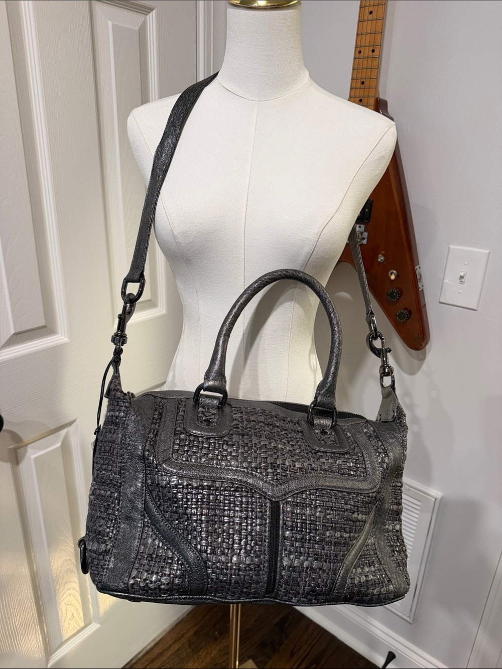 Rebecca Minkoff Mab Mini Bombe Metallic Leather & Tweed Satchel